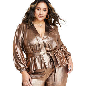 NWT Nina Parker Jacket Top 2X Metallic Champagne Tie Wrap Long Sleeve Stretch